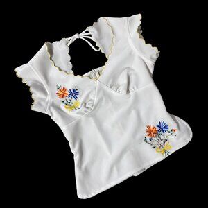 Vintage Blouse White Embroidered Floral Scalloped Sleeves Tie Back 1970S Retro